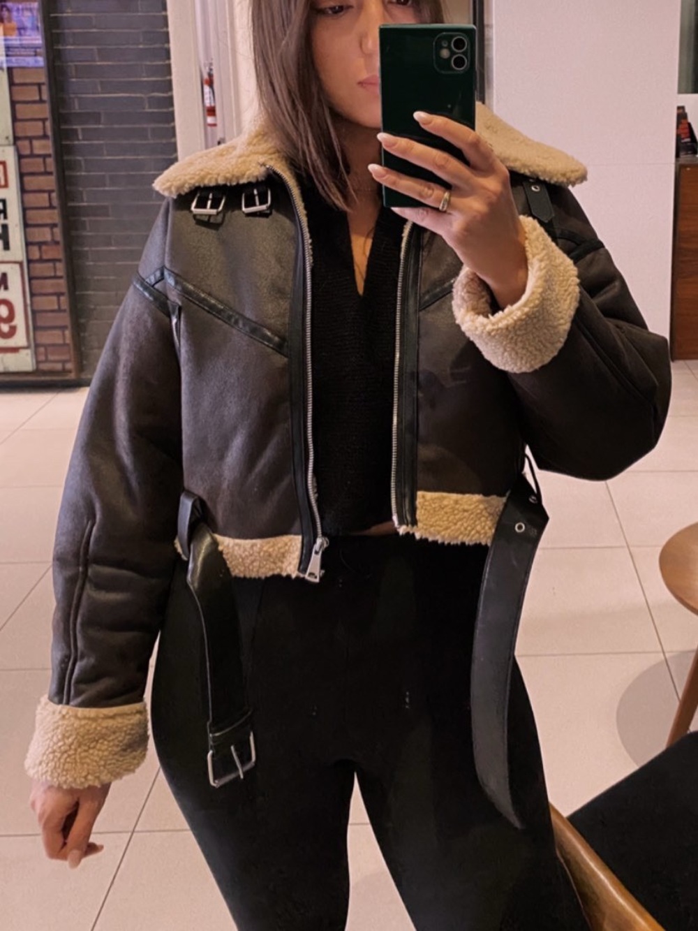 Zara Black Bomber Jacket with Tan Shearling Trim